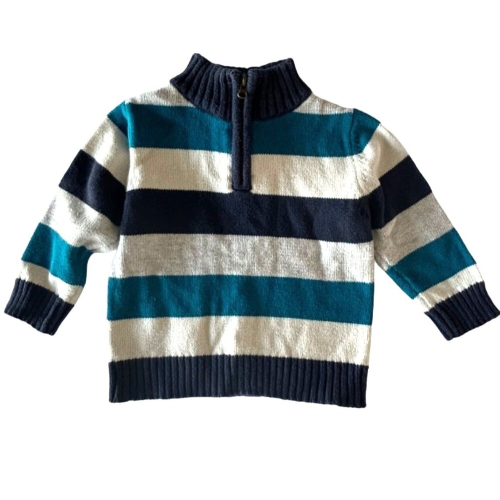 OSH KOSH Boys 1/4 Zip Pullover Knit Striped Sweater Navy Blue Size12 months